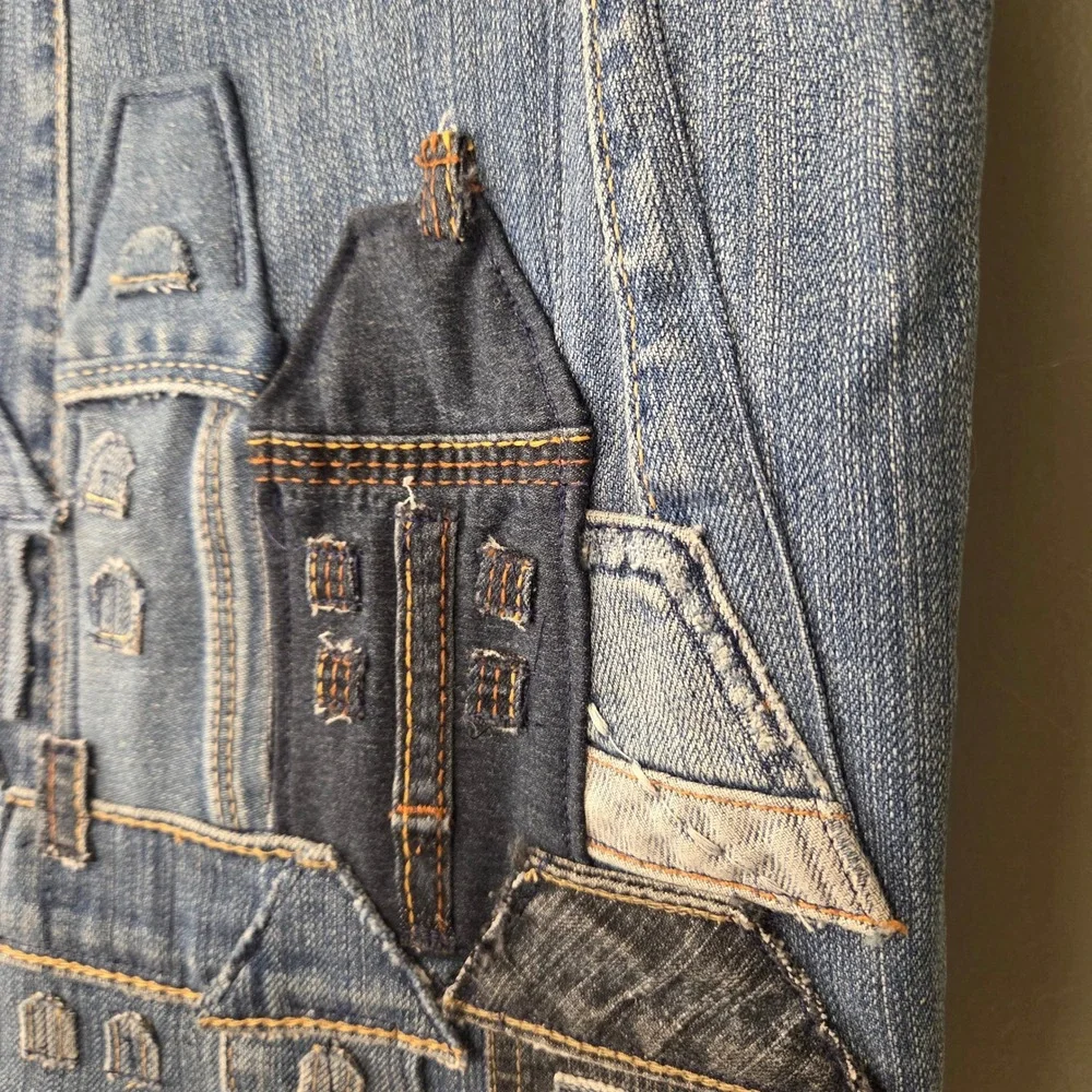 Denim Patchwork Tote Bag Shoulder Straps Cityscape Town